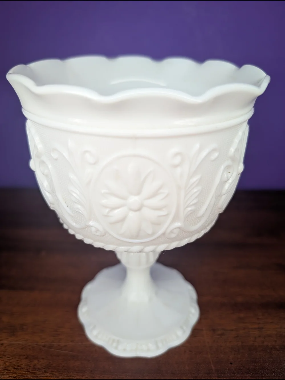 Vintage Indiana Milk Glass Pedestal Compote Floral Medallion Daisy Flat Edge